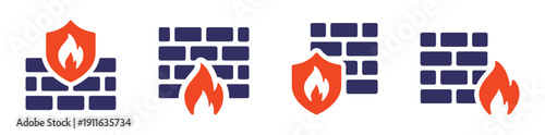 Firewall and protection icons with brick wall and flame symbols