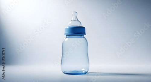 Single blue baby bottle against light background