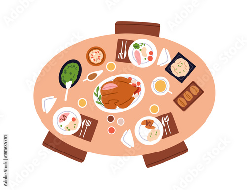 Dinner on dining table from top view. Festive meal, roasted turkey, side dish...