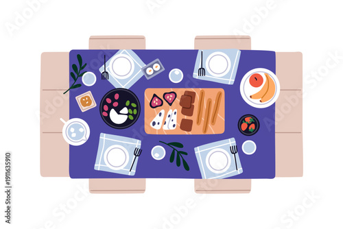 Shared meal on dining table from above, top down view. Dinner food, dishes se...