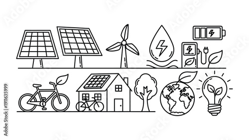 Sustainable Energy Icons: A comprehensive illustration of eco-friendly energy sources and practices, showcasing solar panels, wind turbines, electric vehicle charging.