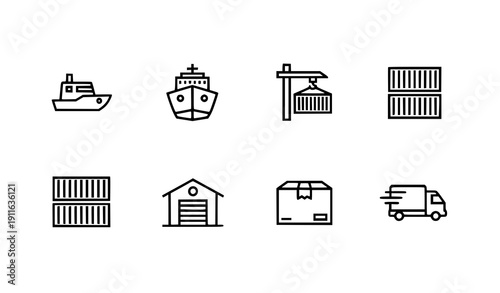 Freight Delivery Shipping Line Icon Vector Set