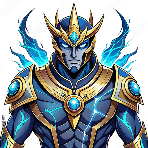 Very beautiful close-up of a stormblade guardian, lightning-marked armor, determined eyes shining with unstoppable energy, heroic stance radiating Charge, perfect for t-shirt prints on white backgroun