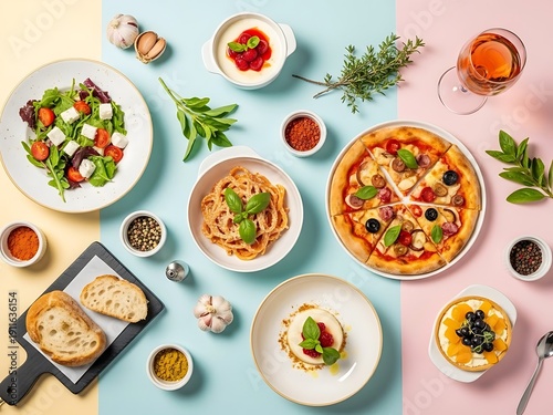 Wallpaper Mural Culinary journey, vibrant assortment of dishes and refreshing wine aesthetic Torontodigital.ca