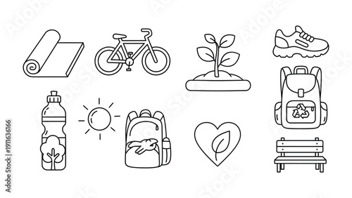 Embracing Wellness and Sustainability: A curated collection of icons embodies the essence of health and eco-consciousness, promoting a harmonious lifestyle. 