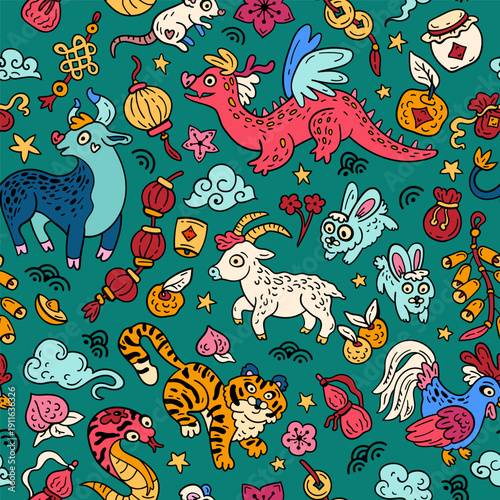 Animals of the Chinese zodiac. Seamless pattern with Eastern astrology. Bright doodle backdrop for teenagers and small children. Funny zodiac sign. Symbols of prosperity for the New Year