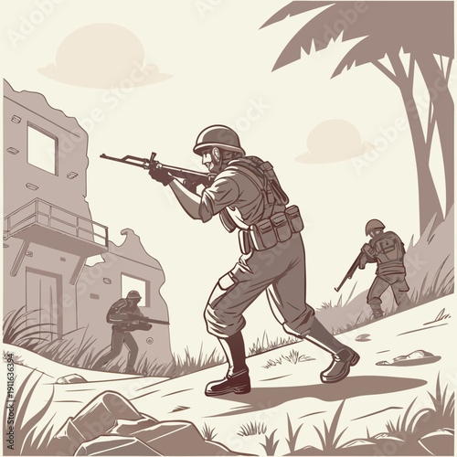Military squad advancing in urban battlefield tactical combat vintage vector illustration