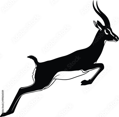 A black antelope running freely in a savannah landscape, viewed from the side, captured as an illustration.