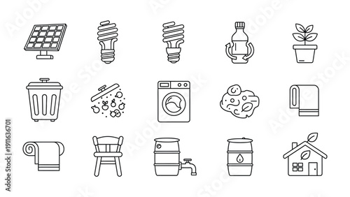 Eco-friendly Icons Set: A comprehensive collection of line art icons highlighting diverse aspects of sustainability, environmental conservation, and ecological harmony.