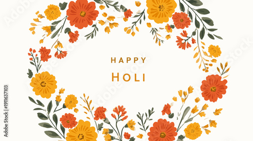 Elegant Botanical Holi Festival Vector Background with Warm Marigold Floral Frame and Spacious Copy Space for Presentation