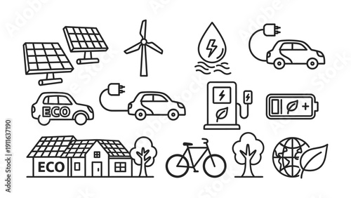 Eco-Friendly Energy: A collection of line art icons depicting sustainable energy sources, embodying a commitment to environmental conservation and eco-conscious living. 
