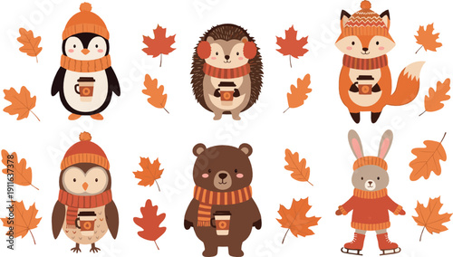 Cute autumn animals wearing scarves and hats with fall leaves cozy cartoon vector illustration for kids nursery seasonal designs and decorations