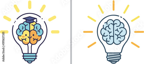 Two vibrant vector icons of lightbulbs containing human brains. One features a brain wearing a graduation cap, while the other shows a detailed blue brain, both emitting bright yellow light.