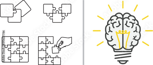 Thin line vector icons featuring puzzle pieces forming a brain inside a glowing lightbulb. Represents the culmination of logic, creativity, and manual problem-solving to reach an epiphany.