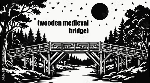 night historic wooden bridge landscape sketch with full moon and star filled sky above river horizon showing ancient crossing architecture and celestial astronomy galaxy environment black and white