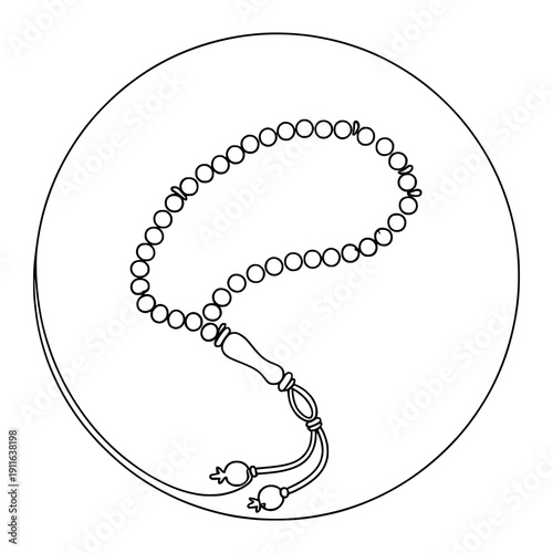 Illustration of a rosary with beads and tassel in a circular frame