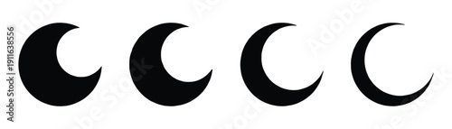 Four different phases of crescent moon icons in black and white representing lunar cycle and night