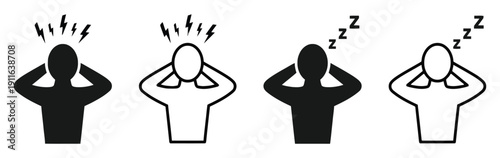 Frustrated person covering ears and sleeping person with zzz symbols icons