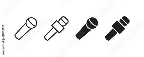 Four microphone icons in black and white outline and solid fill styles for reporting and interviews