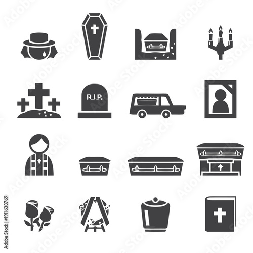 Funeral and mourning icons including coffin hearse and RIP gravestone for memorial services