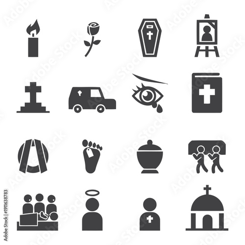 Funeral and mourning icons collection including candle rose coffin and mourning symbols