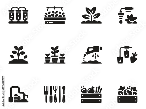Garden and farming icons set black silhouettes on white background vector illustration