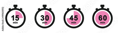 Four timer icons representing 15 30 45 and 60 minute intervals isolated on white background