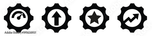 Gear icons with performance meter upward arrow star and growth chart for development concept