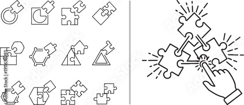 Thin line vector icons featuring puzzle pieces integrating with geometric shapes like circles and triangles. Highlights a hand connecting three glowing pieces, symbolizing synergy and logic.