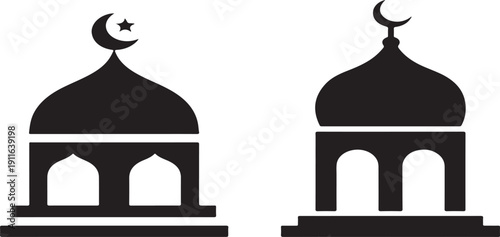 "Islamic Mosque Silhouette Icons – Black Dome Designs with Crescent"