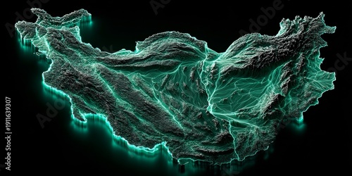 Glowing neon map of China with illuminated terrain and waterways