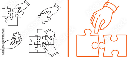 This orange vector set features hands assembling jigsaw puzzle pieces in various configurations, emphasizing teamwork and precision through clean line art and a focused close-up of the final fit.