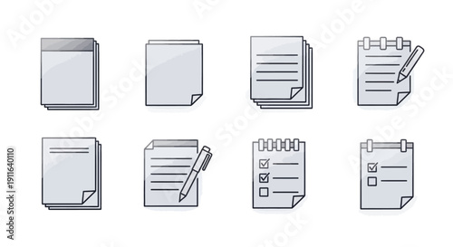 Paperwork and notes icons set. Documents and notepad.