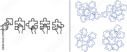 This vector image features line icons of hands placing jigsaw puzzle pieces on the left, paired with four complex, overlapping blue puzzle clusters on the right, symbolizing teamwork and logic.