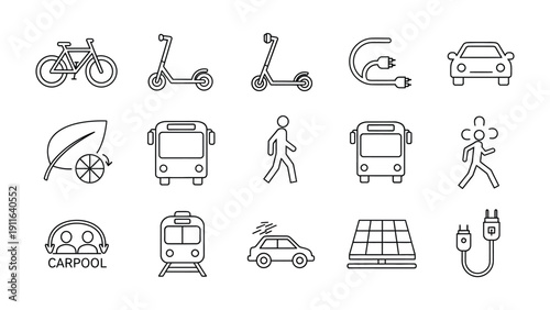 Eco-Friendly Transportation Icons: Collection of line-art icons representing diverse sustainable transport solutions, perfect for environmental-themed designs. 