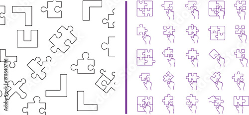 This image features a dual-panel layout of puzzle-themed icons. The left side shows scattered outline pieces, while the right displays purple icons of hands assembling puzzles and various icons.