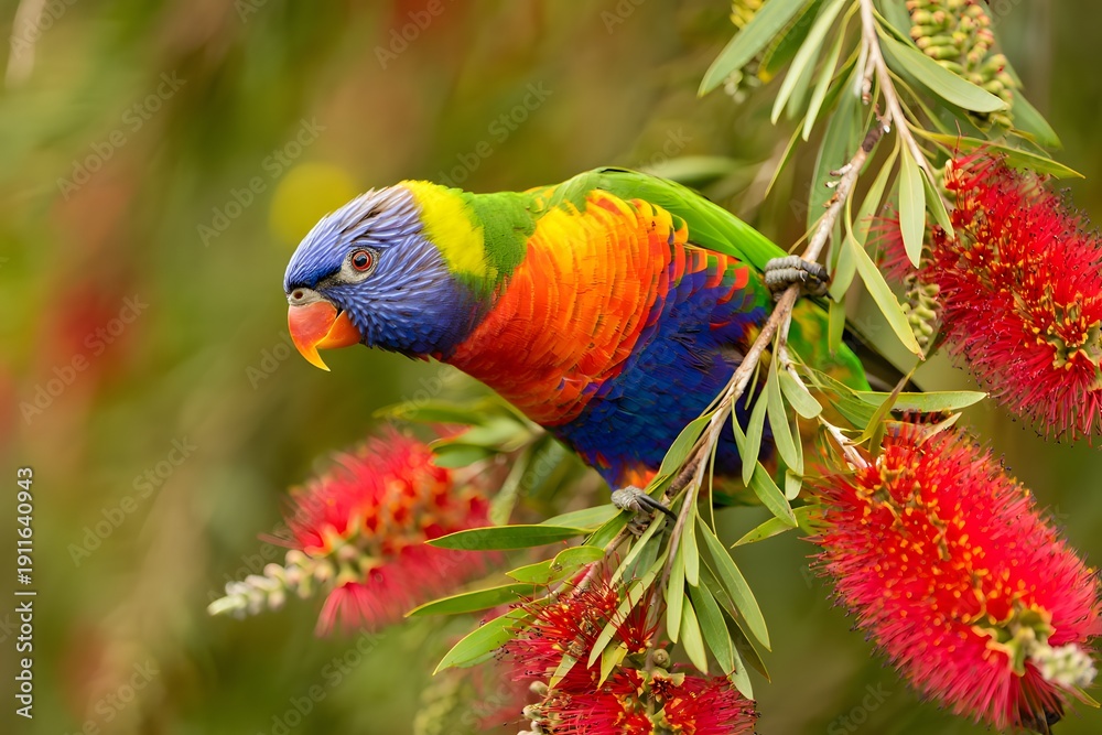 Naklejka premium Rainbow lorikeet perched on a vibrant flowering branch with red blossoms