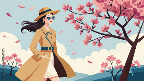 Elegant woman in trench coat and hat walking under blooming cherry blossom tree in spring breeze stylish fashion illustration