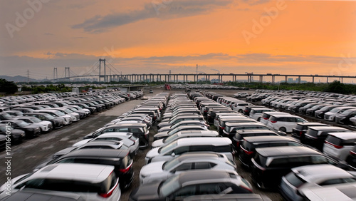 Billede på lærred Big huge parking lot with many new cars, factory auto, dealerships salon outdoor, automotive sales industry