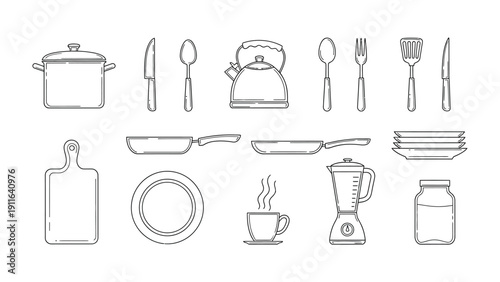 Kitchen Utensils Illustration: A simple line art illustration showcases an array of kitchen essentials. The minimalist design highlights each tool, capturing their everyday functionality and appeal.