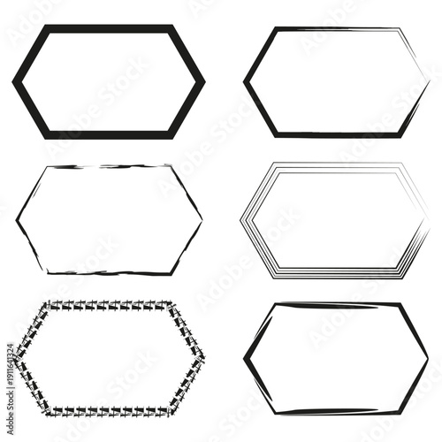 Six 6 oblong frames. Elongated hexagon Vector. Textured border set. Geometrical outline variety layout