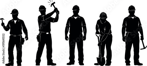 Black silhouettes of construction workers and contractors wearing hard hats using hammers and shovels for industrial building and site labor.