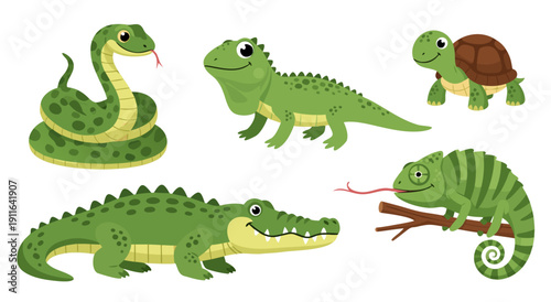 Vector illustration of various reptiles including a snake, lizard, turtle, alligator, and chameleon on a white background