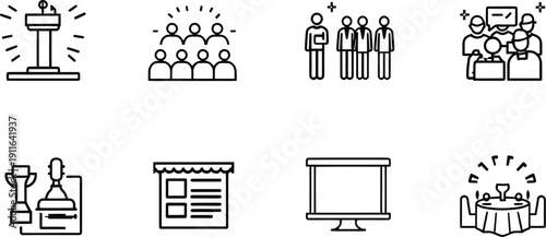 Collection of minimalist black and white outline icons representing various business and presentation concepts for modern corporate or event planning visual materials