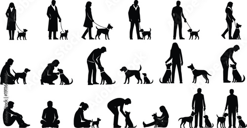 People Training and Walking Dogs Silhouette Set Featuring Owners Interacting With Pets In Various Poses Isolated On White Background