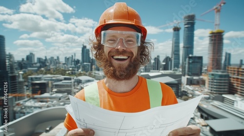 Happy construction worker reviewing blueprints on a building site.