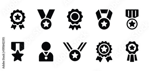 Glossy black award and medal icons for achievement and recognition