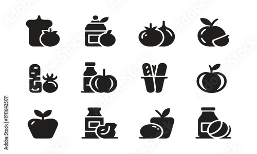 Grocery item icons featuring fruits, vegetables, bread, and dairy products