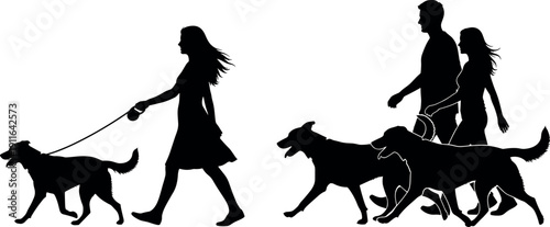 Silhouette of people walking dogs in a park including a lone woman with her pet and a happy couple outdoors