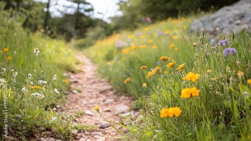 Wildflowers In Bloom Beside A Winding Trail Dappled With Sunlight In A Scenic Landscape